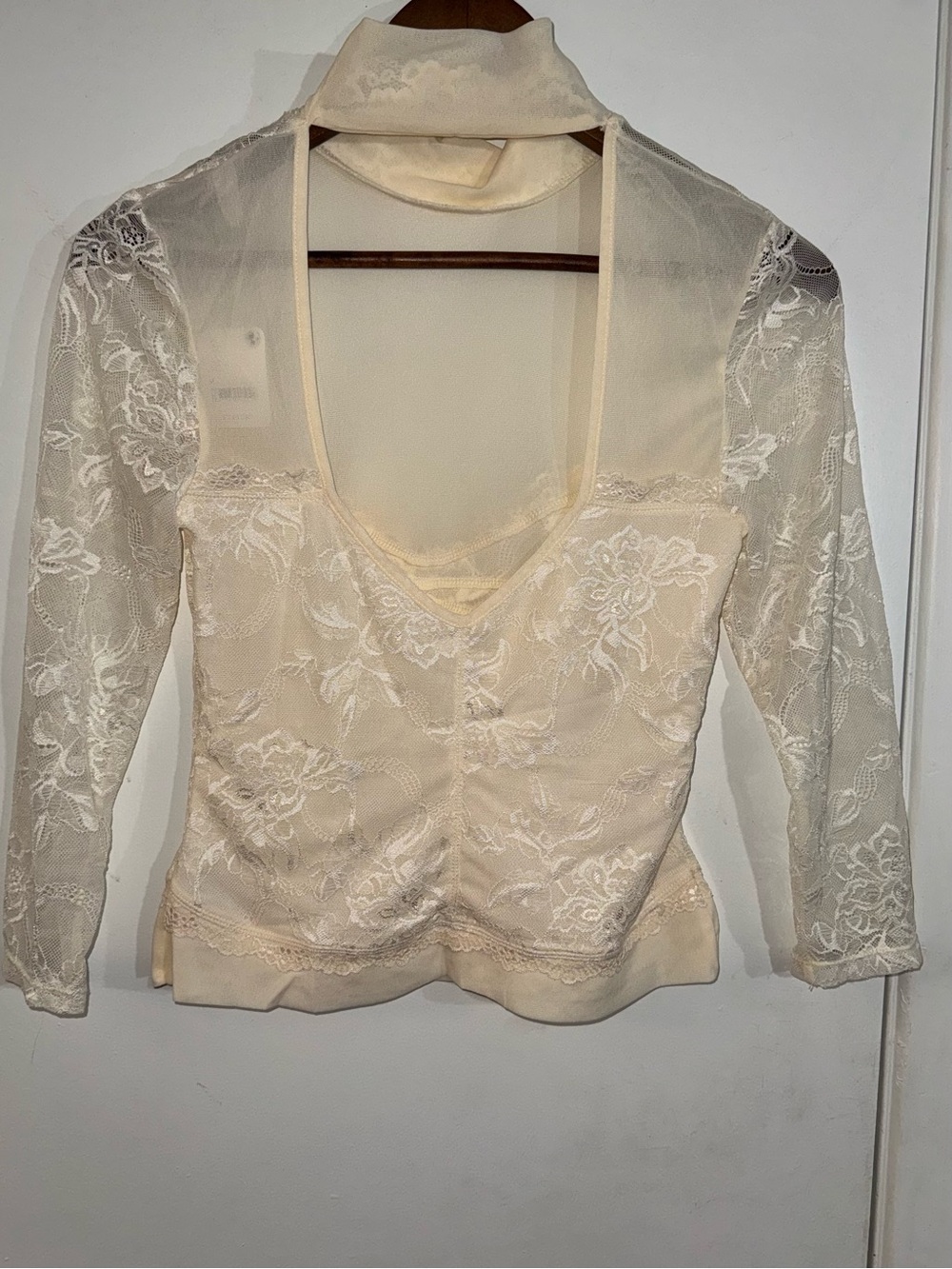 Cream Sheer Floral Lace Long-Sleeve Chemise Top